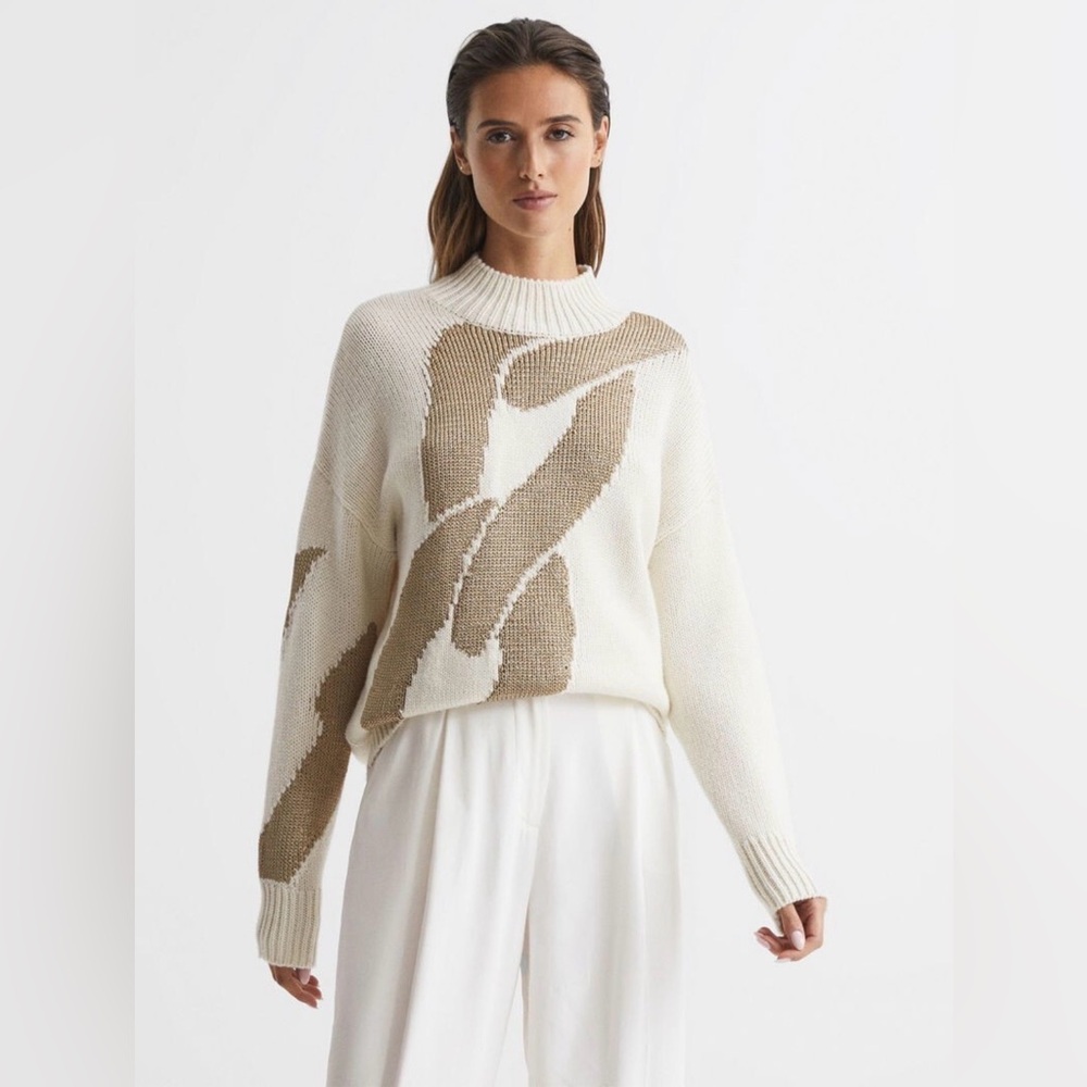 REISS Pia Wool Blend Metallic Pattern Jumper Top in Cream Size S